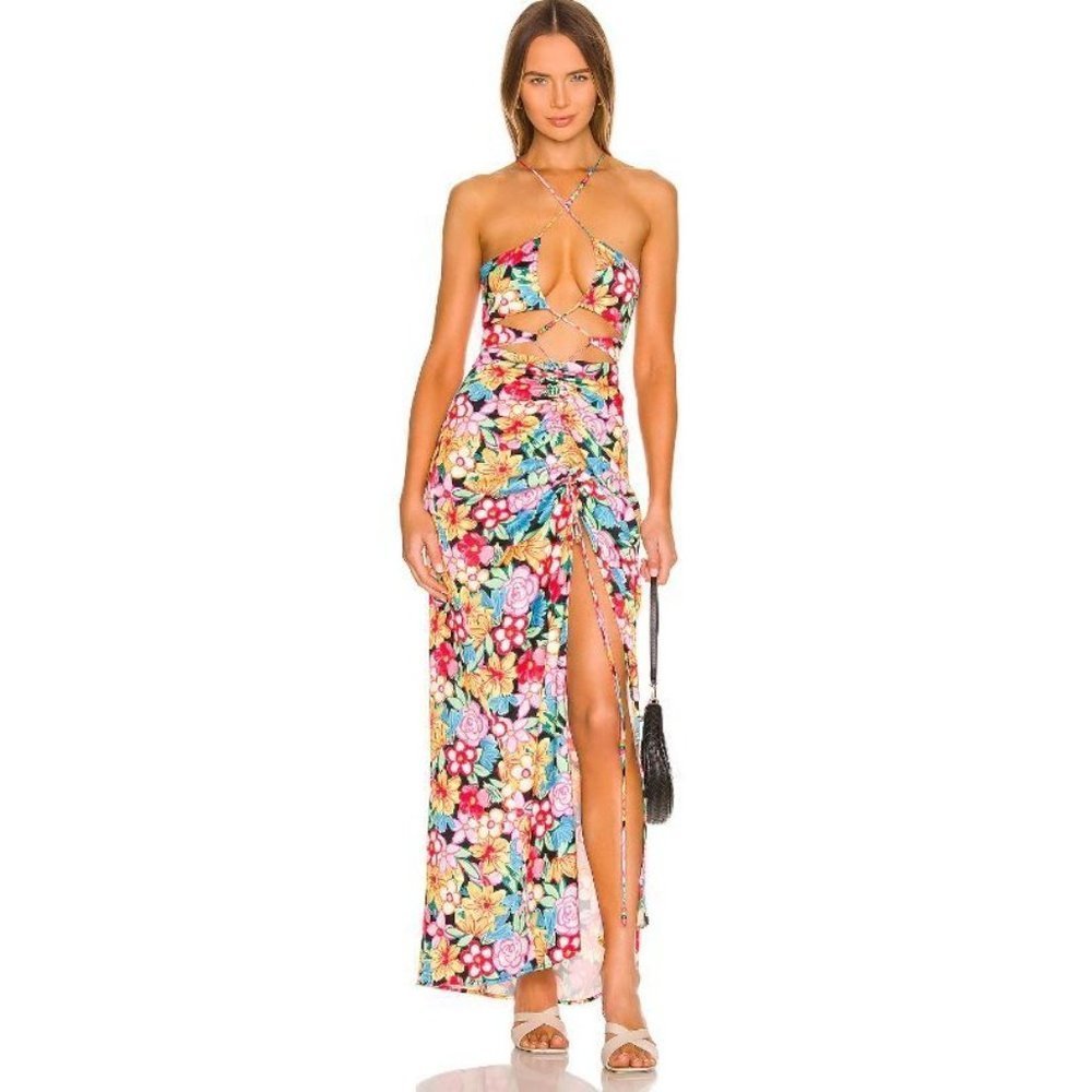 For Love & Lemons Floral Maxi Dress in Yellow, Pink, Blue, Green, Black - Picture 3 of 11